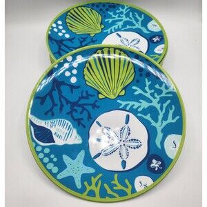 Sea Life Melamine 10.5" Dinner Plates Set of 6 Starfish Shells Coral Beach Pool